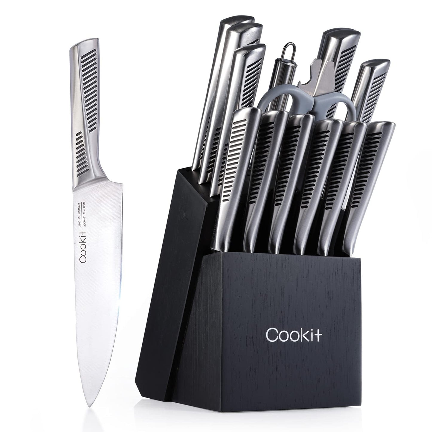 15-Piece Kitchen Knife Set with Block, Sharpener.