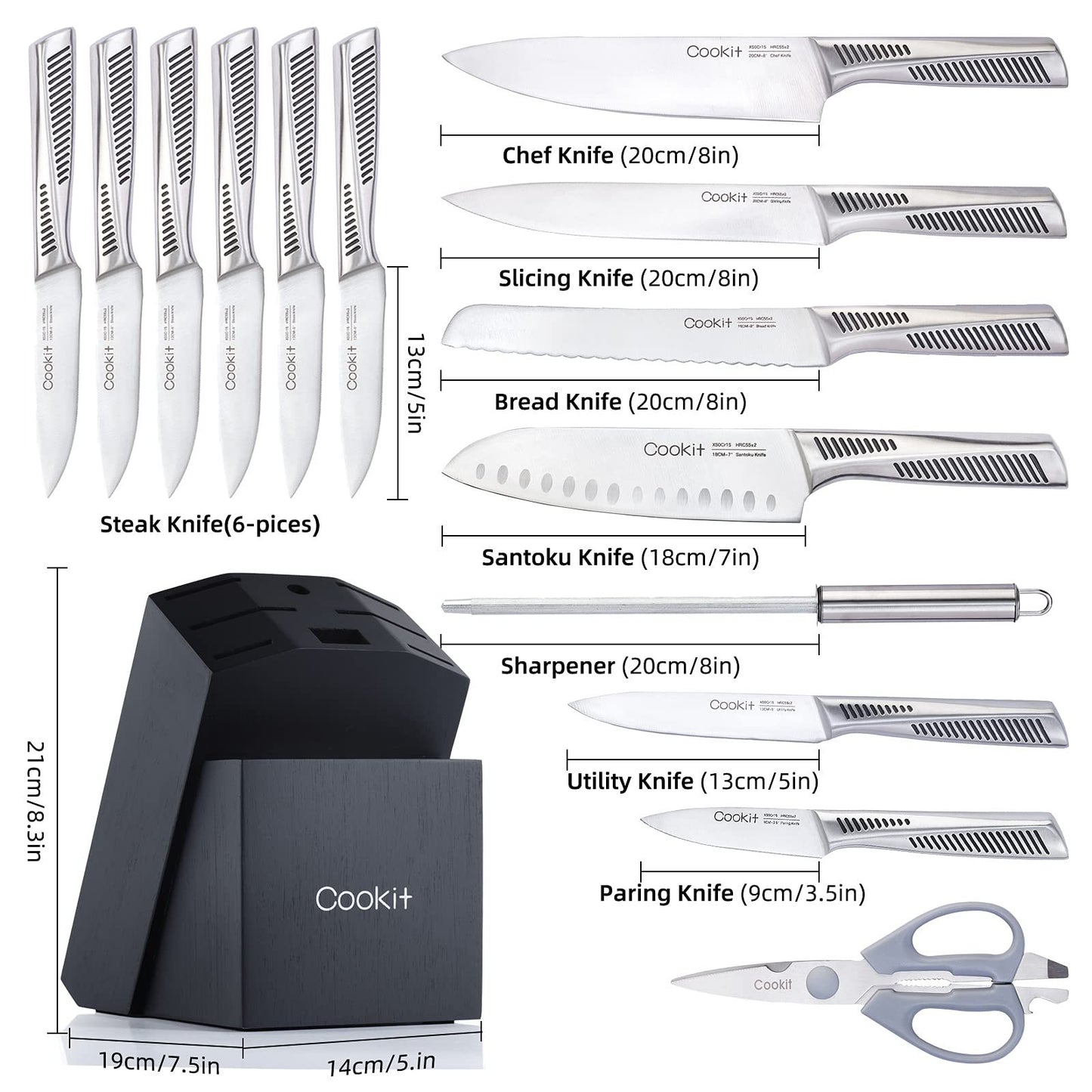 15-Piece Kitchen Knife Set with Block, Sharpener.